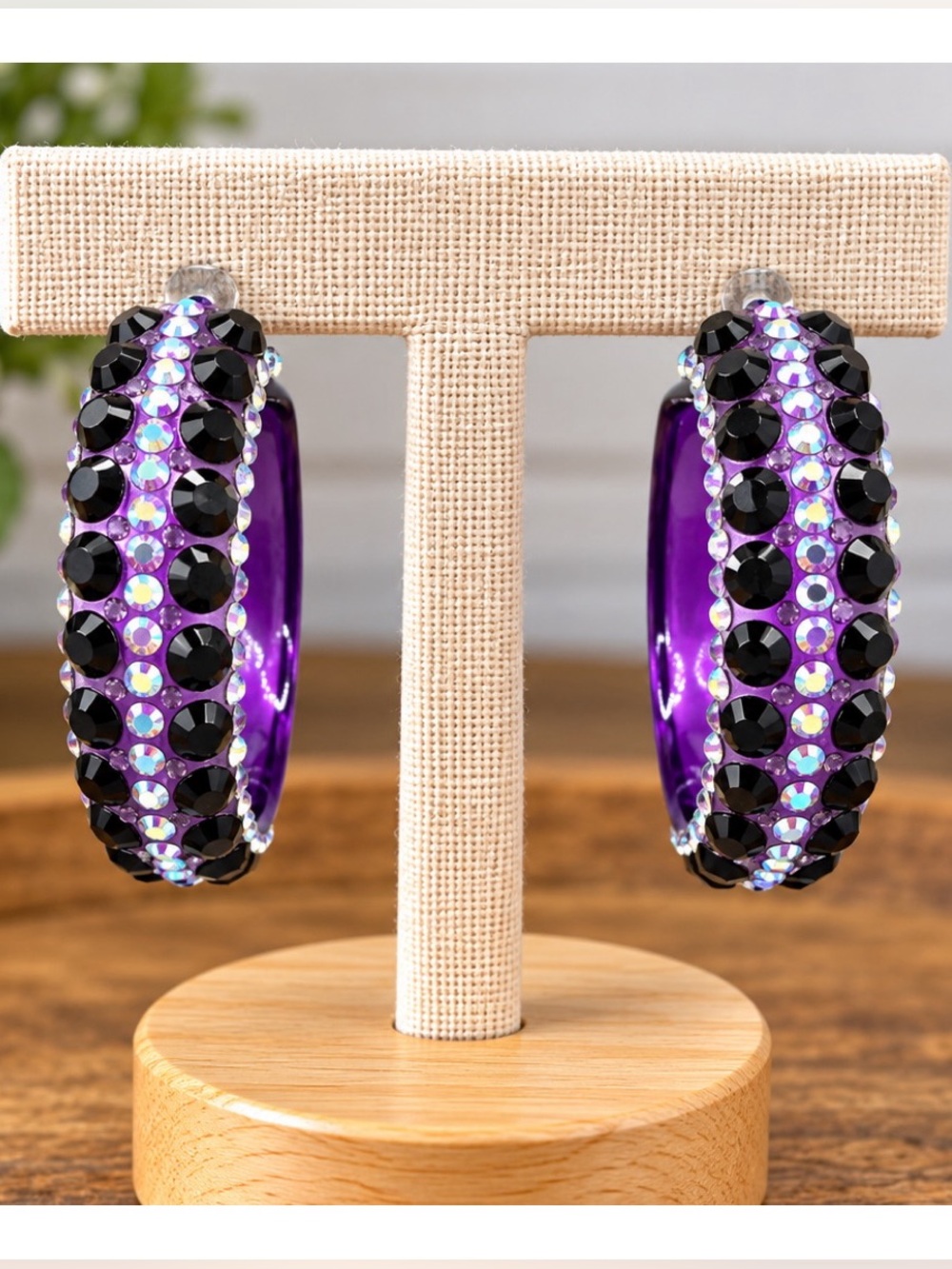 Bright Purple Y2K Hoop earrings featuring rhinestone embellishments